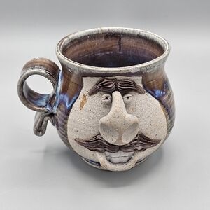 Vtg Signed Ugly Face Mug 3D Mustache Man Stoneware Pottery Folk Art Appalachia